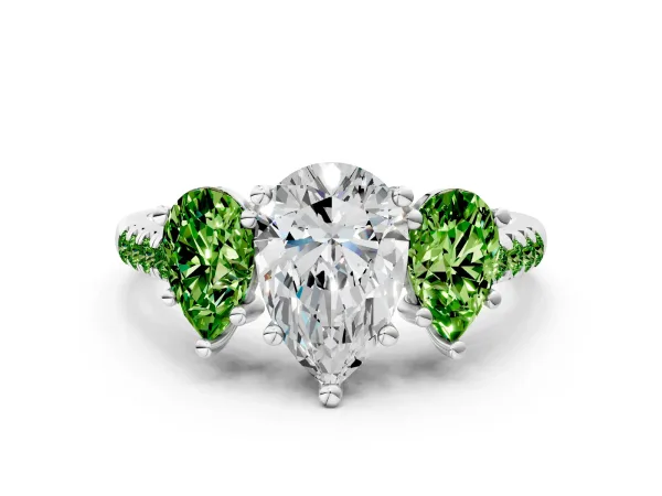 Three-Stone Pear Cut Diamond Ring with Round Peridot Pavé Band and Prong Setting White gold