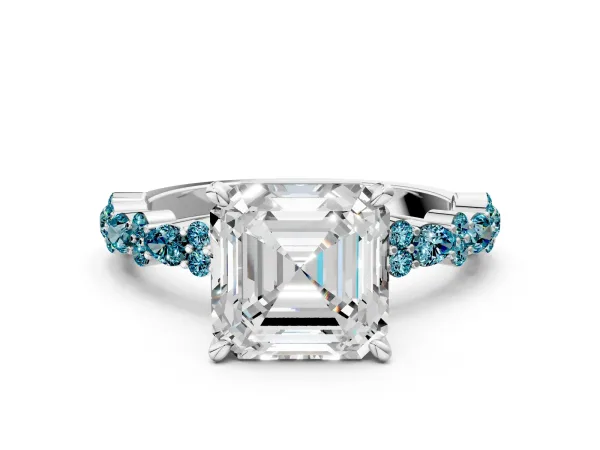 Asscher Cut Diamond Side Stone Solitaire Ring with Round Blue Topaz and Four-Prong Setting Platinum