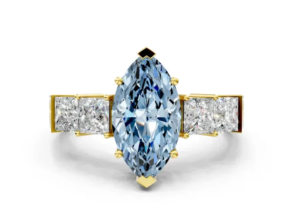 Fancy Blue Marquise Cut Solitaire Princess Side Stone Engraved Band Prong Setting Ring Yellow gold