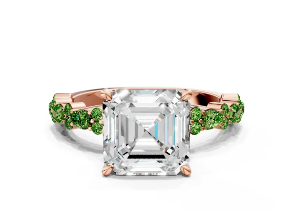 Asscher Cut Diamond Side Stone Solitaire Ring with Round Peridot and Four-Prong Setting Rose gold