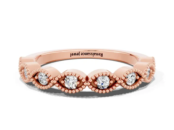 Milgrain Marquise Moissanite Half Eternity Band with Bezel Setting Rose gold