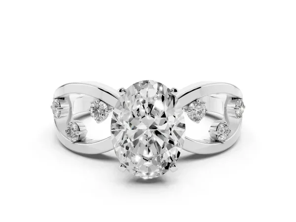 Oval Cut Cut Solitaire Diamond with Side Stones on Criss-Cross Band and Four-Prong Setting White gold