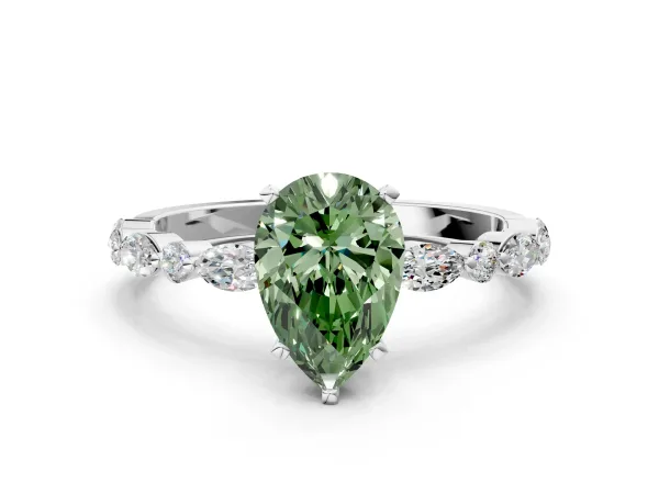 Fancy Green Pear Cut Diamond Ring with Marquise and Round Side Stones and Four-Prong Setting White gold