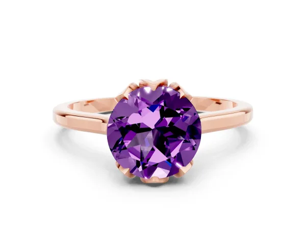 Round Cut Amethyst Solitaire Ring with Flower Prong Setting and Classic Band Rose gold
