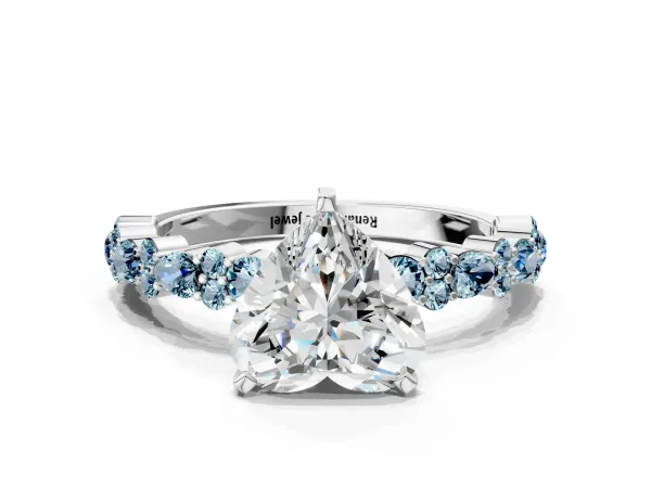 Heart Cut Diamond Side Stone Solitaire Ring with Round Aquamarine and Four-Prong Setting Platinum