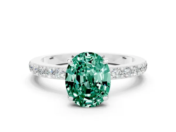 Oval Cut Green Sapphire Solitaire Engagement Ring with Pavé Band and Four-Prong Setting White gold