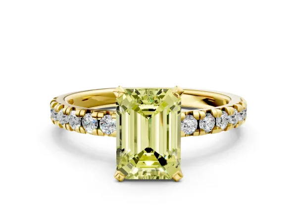 Fancy Yellow Emerald Cut Diamond Solitaire Pavé Engagement Ring with Round Band and Prong Setting Yellow gold