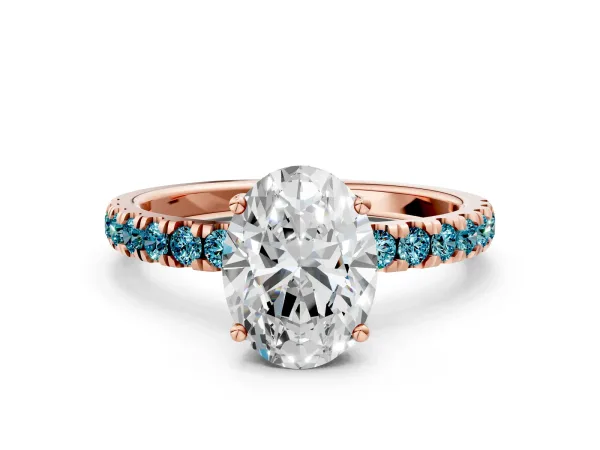 Oval Cut Diamond Pave Band Solitaire Ring with Round Blue Topaz and Prong Setting Rose gold