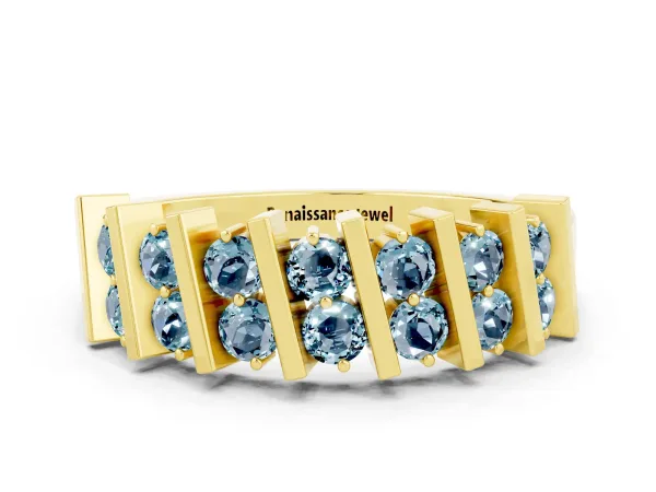 Channel Set Round Aquamarine Anniversary Band with Vertical Prongs Yellow gold