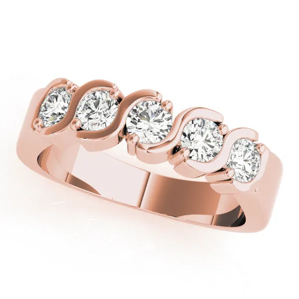 Five-Stone Round Diamond Wave Prong Setting White Gold Band Rose gold