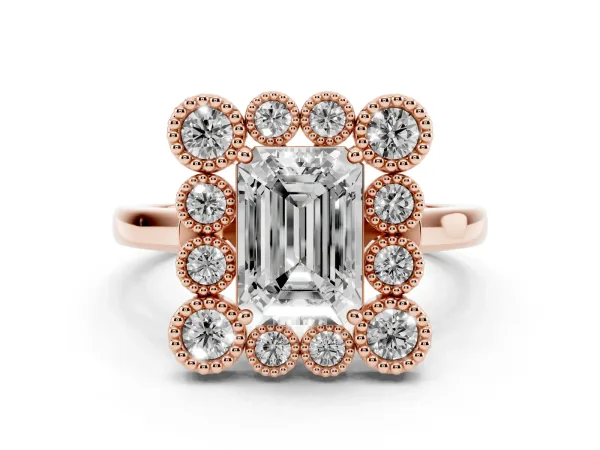Emerald Cut Halo Diamond Cluster Engagement Ring with Milgrain Bezel Setting and Solitaire Band Rose gold