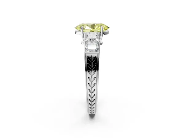 Fancy Yellow Oval Cut Solitaire Princess Side Stone Engraved Band Prong Setting Ring White gold