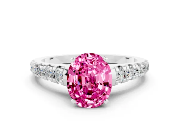 Oval Cut Pink Sapphire Cathedral Solitaire Ring with Round Pavé Band White gold