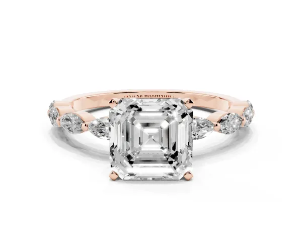 Asscher Cut Diamond Ring with Marquise Side Stones and Prong Setting Rose gold