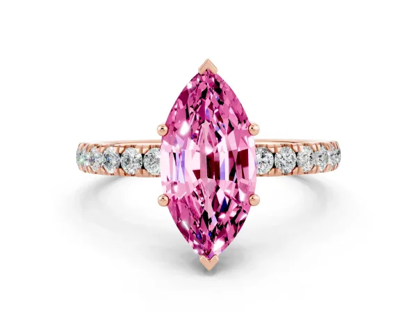 Marquise Cut Pink Sapphire Pave Band Solitaire Ring with Round and Prong Setting Rose gold