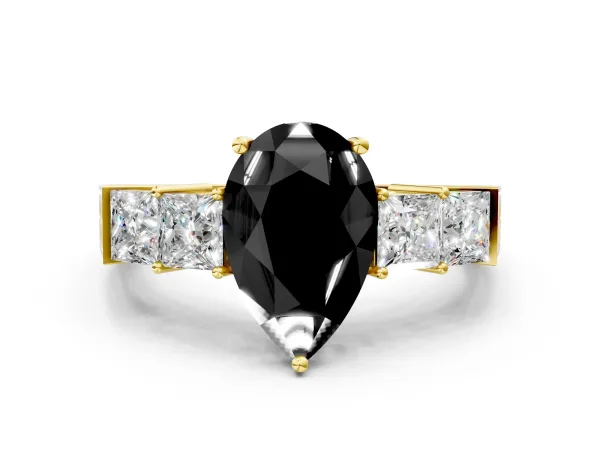Fancy Black Pear Cut Solitaire Princess Side Stone Engraved Band Prong Setting Ring Yellow gold