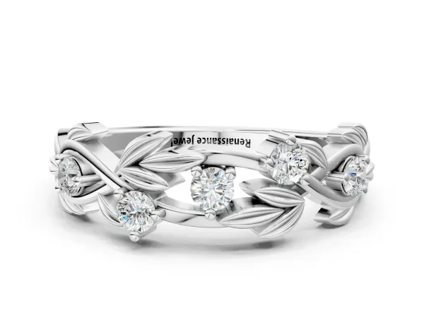 Round Diamond Leaf Motif Band with Prong Setting Platinum