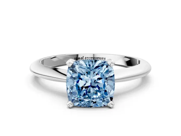 Fancy Blue Cushion Cut Diamond Solitaire Engagement Ring with Classic Band and Four-Prong Setting Platinum