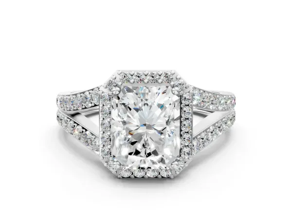 Radiant Cut Diamond Split Shank Halo Ring with Four-Prong Setting Platinum