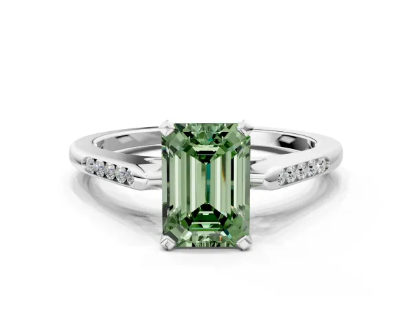 Fancy Green Emerald Cut Diamond Solitaire Ring with Channel Set Round Band and Prong Setting Silver
