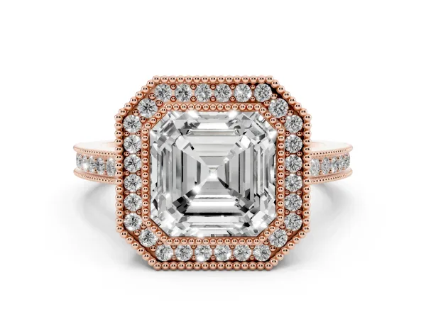 Asscher Cut Cut Halo Diamond Ring with Pavé Band and Milgrain Prong Setting Rose gold