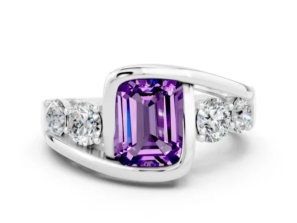 Bezel Set Emerald Cut Amethyst Bypass Ring with Round Accents Platinum