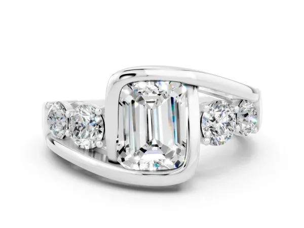 Bezel Set Emerald Cut Moissanite Bypass Ring with Round Accents Platinum