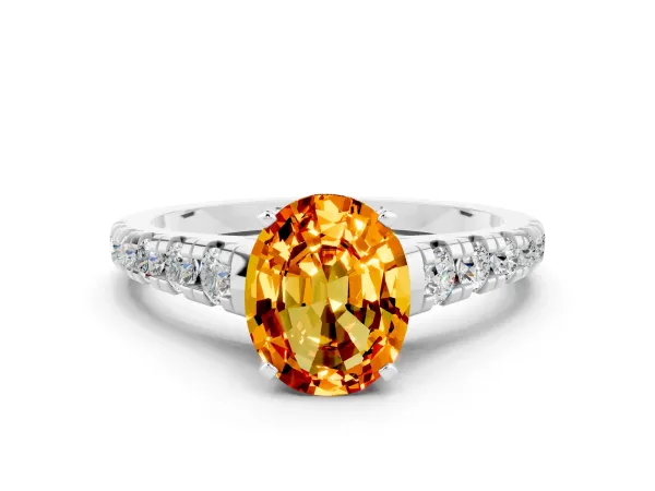 Oval Cut Citrine Cathedral Solitaire Ring with Round Pavé Band White gold