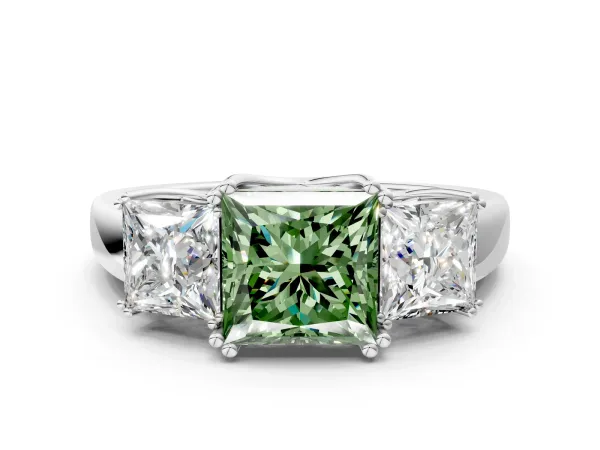Fancy Green Three-Stone Princess Cut Cut Diamond Ring with Channel Set Band and Four-Prong Setting Platinum