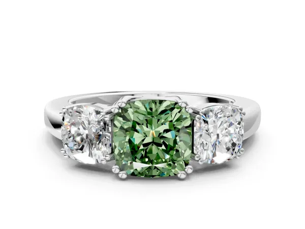 Fancy Green Three-Stone Cushion Cut Cut Diamond Ring with Channel Set Band and Four-Prong Setting Platinum