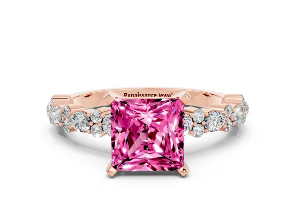 Princess Cut Pink Sapphire Side Stone Solitaire Ring with Round and Four-Prong Setting Rose gold