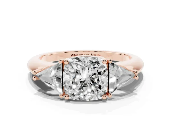 Three-Stone Cushion Cut Diamond Engagement Ring with Trillion Side Stones and Prong Setting Rose gold