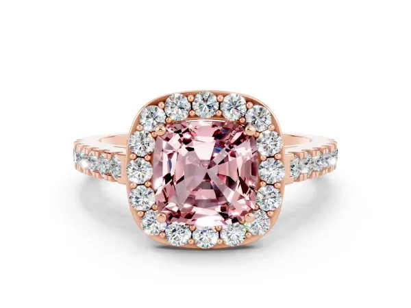 Cushion Cut Morganite Halo Ring with Round Pavé Split Shank and Prong Setting Rose gold