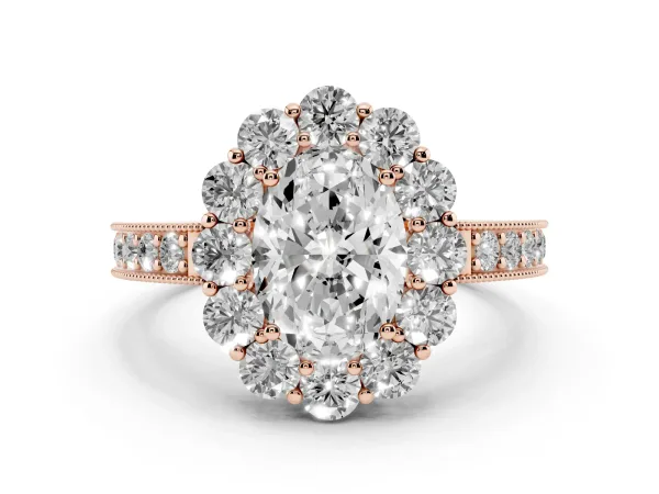 Oval Cut Cut Halo Diamond Pavé Engagement Ring with Milgrain Detailing Rose gold