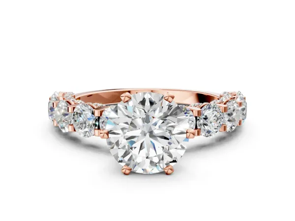 Round Cut Diamond Side Stone Engagement Ring with Four-Prong Setting Rose gold