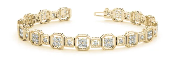 Channel Set Princess Cut Diamond Tennis Bracelet with Milgrain Detailing Yellow gold