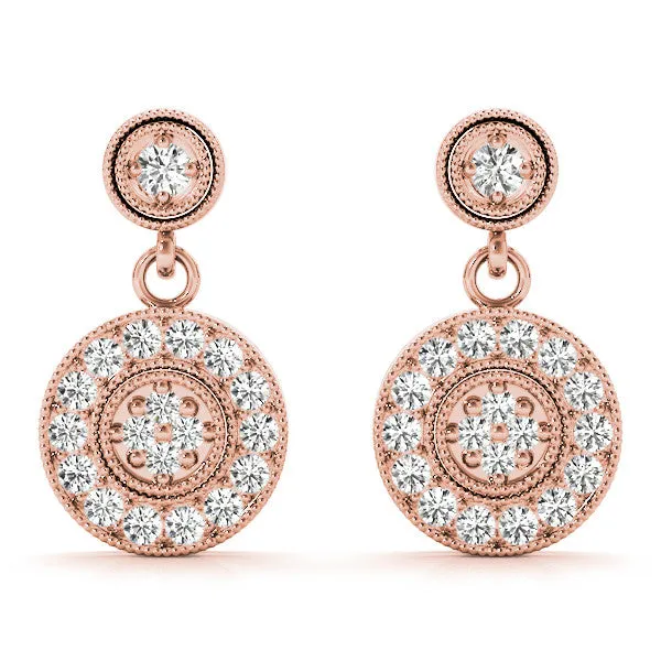 Round Halo Diamond Drop Earrings with Milgrain Bezel Setting Rose gold