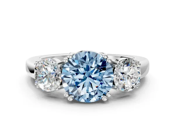 Fancy Blue Three-Stone Round Cut Cut Diamond Ring with Channel Set Band and Four-Prong Setting Platinum