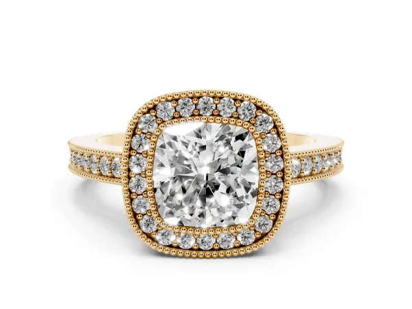 Cushion Cut-Cut Diamond Halo Engagement Ring with Pave Band and Prong Setting Yellow gold
