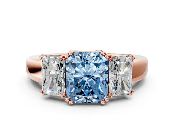 Fancy Blue Three-Stone Radiant Cut Cut Diamond Ring with Channel Set Band and Four-Prong Setting Rose gold