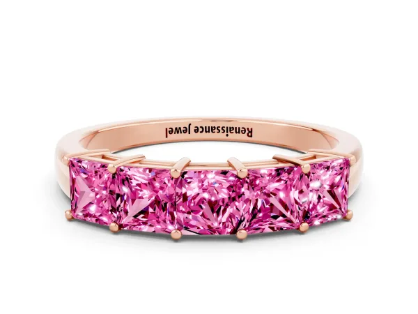 Princess Cut Five-Stone Pink Sapphire Band with Prong Setting Rose gold
