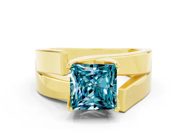 Modern Tension Set Princess Cut Blue Topaz Solitaire Wide Band Ring Yellow gold