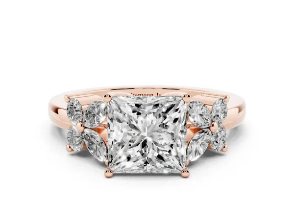 Princess Cut Diamond Floral Cluster Ring with Solitaire Band and Prong Setting Rose gold