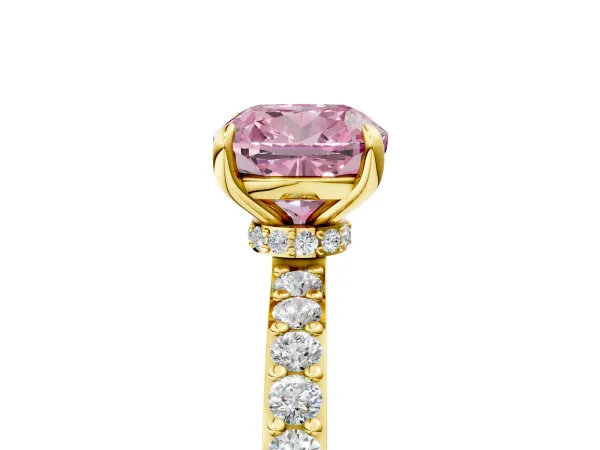 Fancy Pink Cushion Cut Diamond Solitaire Engagement Ring with Pavé Band and Four-Prong Setting Yellow gold