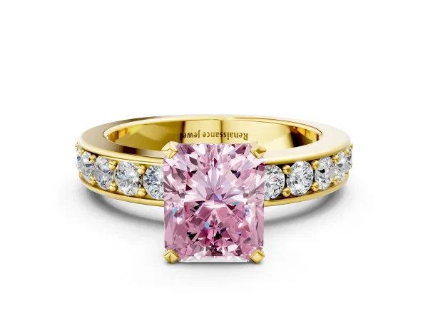 Fancy Pink Radiant Cut Diamond Engagement Ring with Channel Set Round Band and Prong Setting Yellow gold