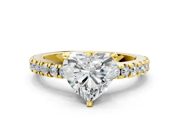 Heart Cut Solitaire Diamond with Pavé Band and Four-Prong Setting Yellow gold