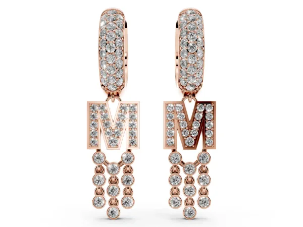 Round Diamond Initial M Huggie Hoop Earrings Rose gold