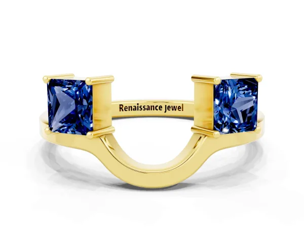 Princess Cut Blue Sapphire Two-Stone Open Band Ring with Four-Prong Setting Yellow gold