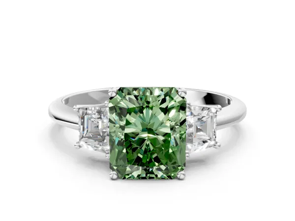 Fancy Green Radiant Cut Diamond Three-Stone Ring with Trapezoid Side Stones and Prong Setting Platinum