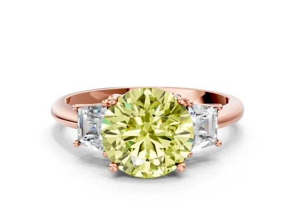 Fancy Yellow Round Cut Diamond Three-Stone Ring with Trapezoid Side Stones and Prong Setting Rose gold